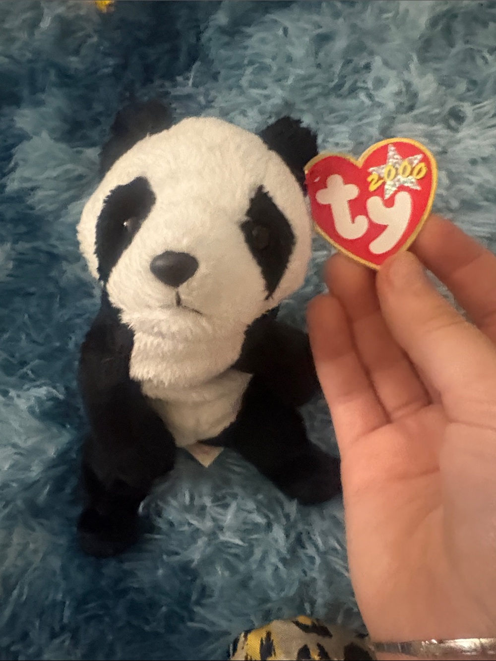 Ty Black and White Panda Beanie Plush with Heart Tag